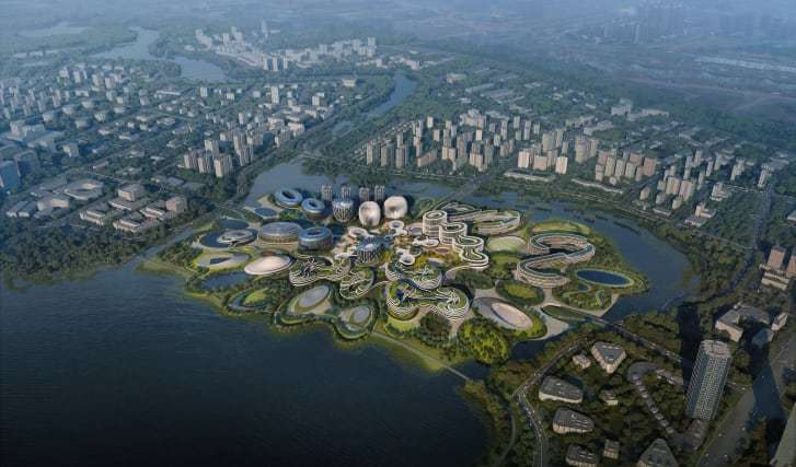 建築家のザハ・ハディド氏がデザインした成都近郊のハイテクハブ「ユニコーン島」/Zaha Hadid Architects/Negativ.com